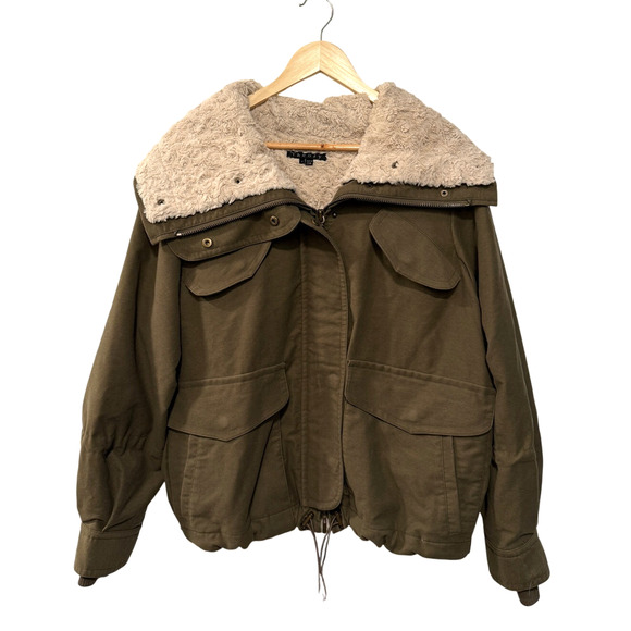 Theory M Oversized Bomber Jacket $750 Removable Fur Lining Cotton Army Green - Picture 2 of 10
